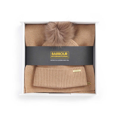 Barbour Mallory Ladies Beanie & Scarf Gift Set in Light Trench Box