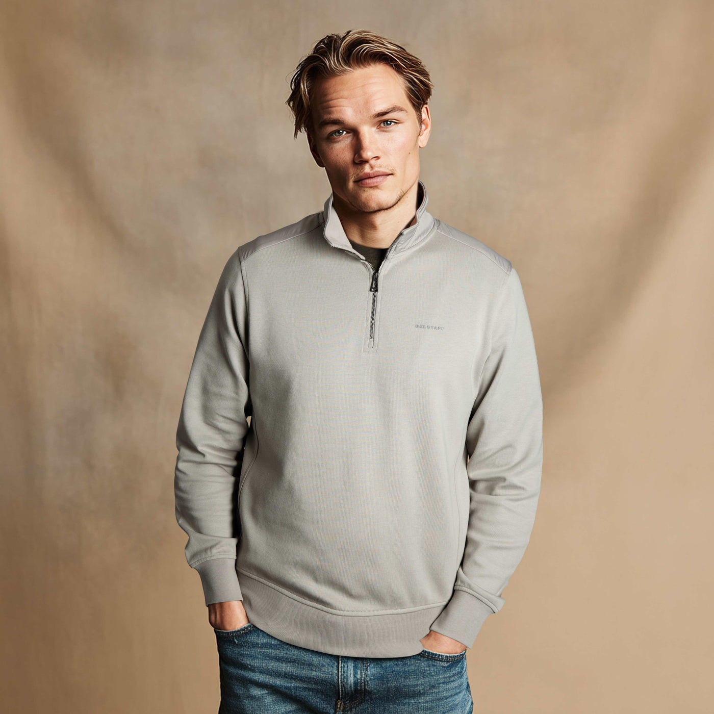 Belstaff Alloy Quarter Zip Sweat Top in Cement Grey Model