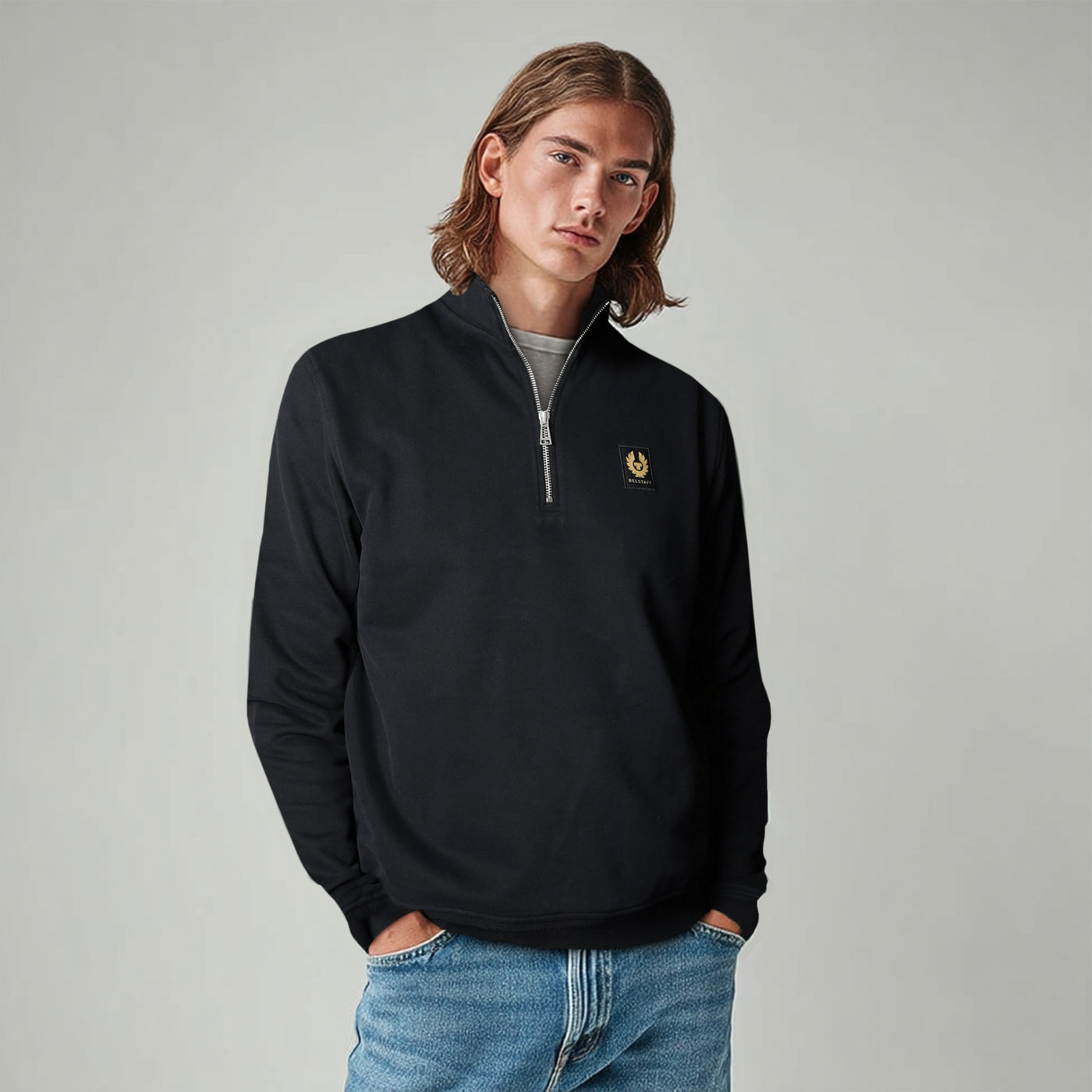 Belstaff Quarter Zip Sweat Top in Black Model