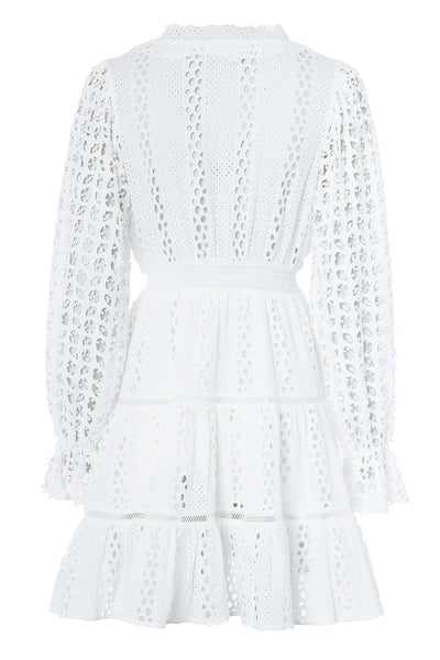 Holland Cooper Broderie Lace V Neck Dress in White Back