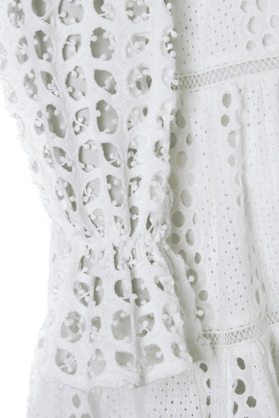 Holland Cooper Broderie Lace V Neck Midi Dress in White Cuff