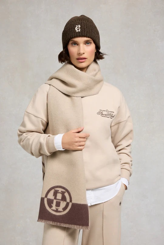 Holland Cooper Classic Embroidered Ladies Beanie Hat in Chocolate