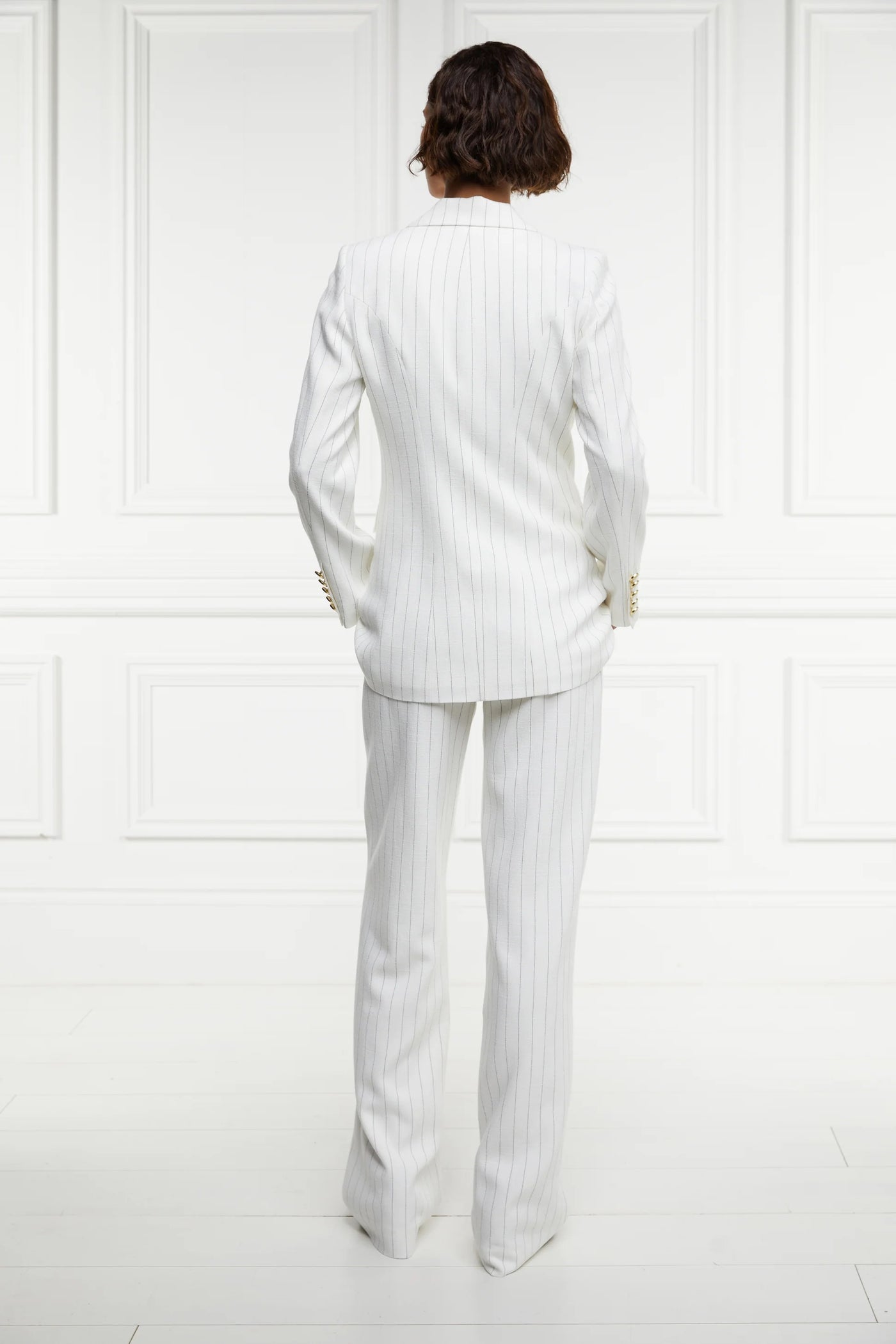Holland Cooper Double Breasted Blazer in Oyster Linen Pinstripe Model Back