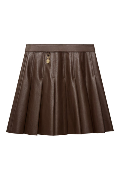 Holland Cooper Faux Leather Pleated Mini Skirt in Espresso Front