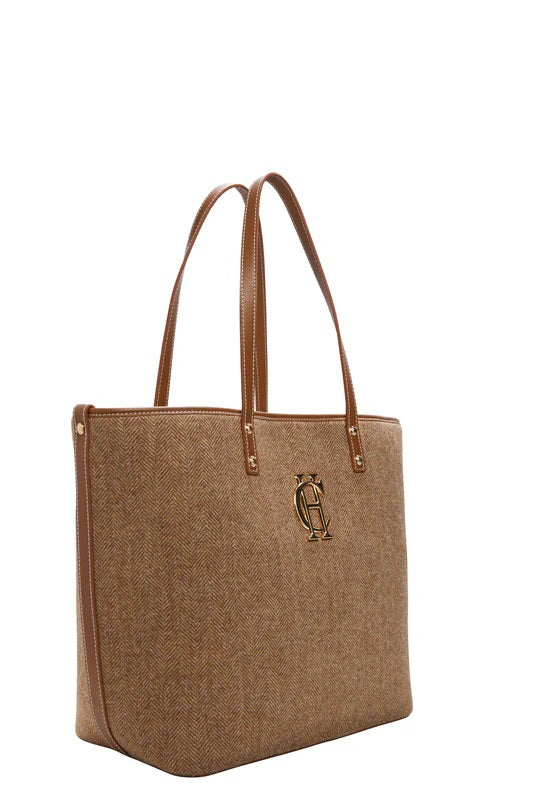 Holland Cooper Kensington Tote Bag in Tan Herringbone Angle