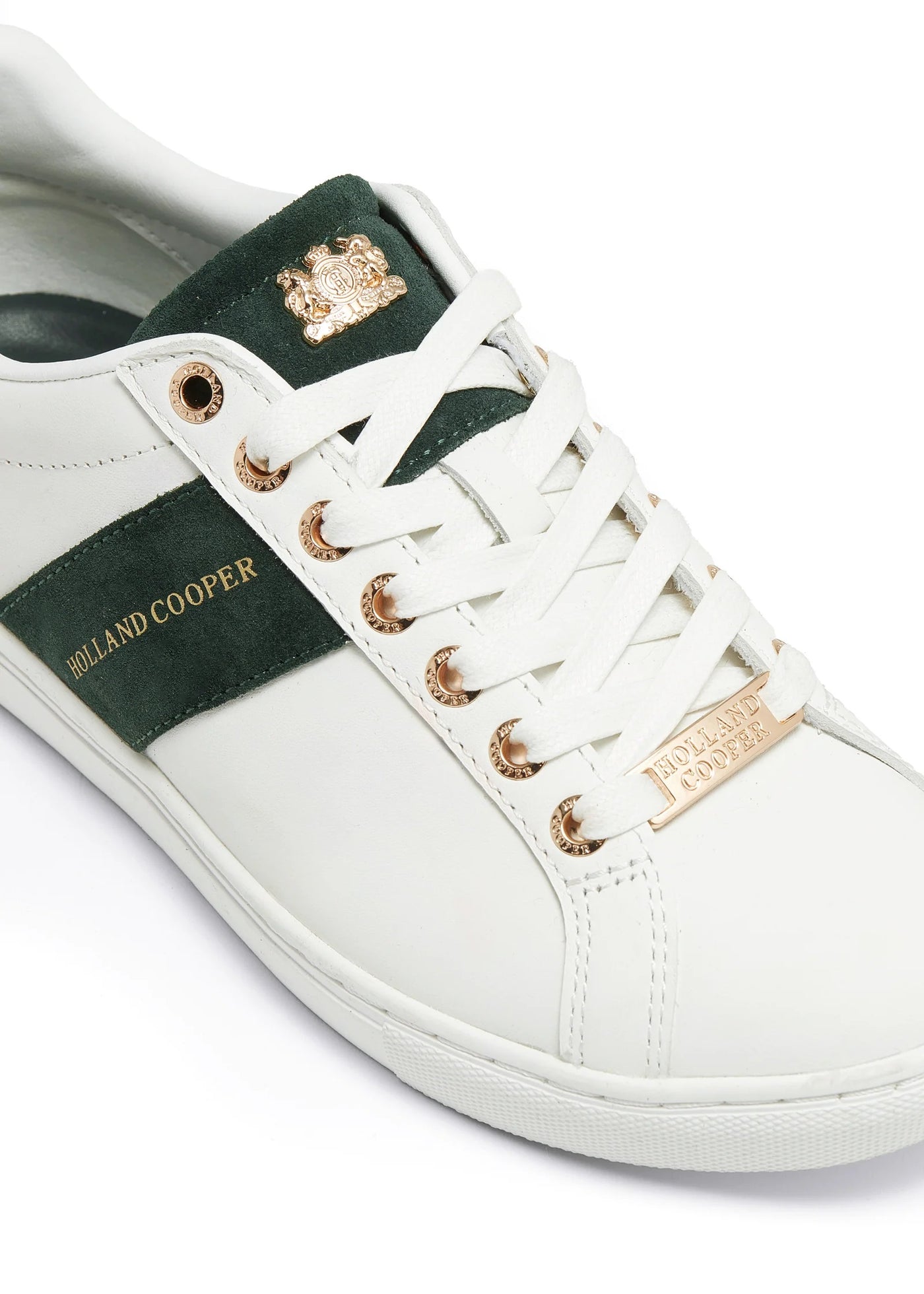 Holland Cooper Knightsbridge Court Ladies Trainer in White Racing Green Details