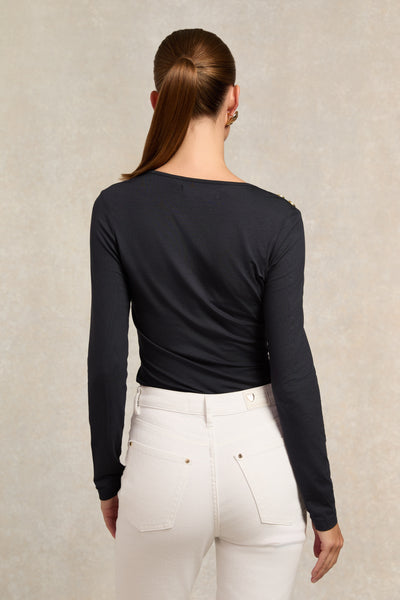 Holland Cooper Long Sleeve V Neck Tee in Ink Navy Model Back