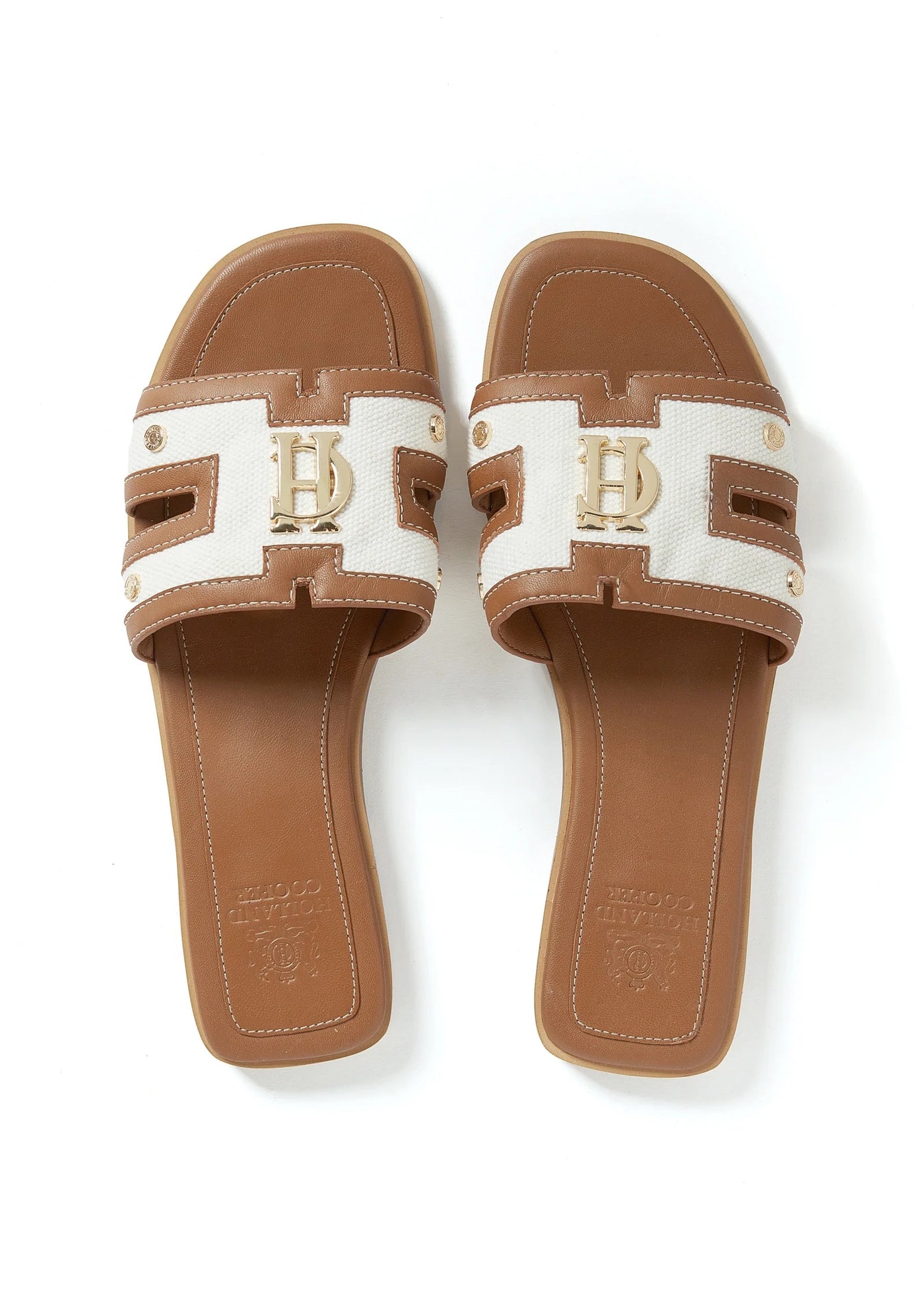 Holland Cooper Monogram Ladies Slide in Tan Canvas Birdseye