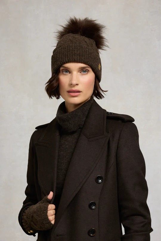 Holland Cooper Sloane Cable Ladies Bobble Hat in Chocolate