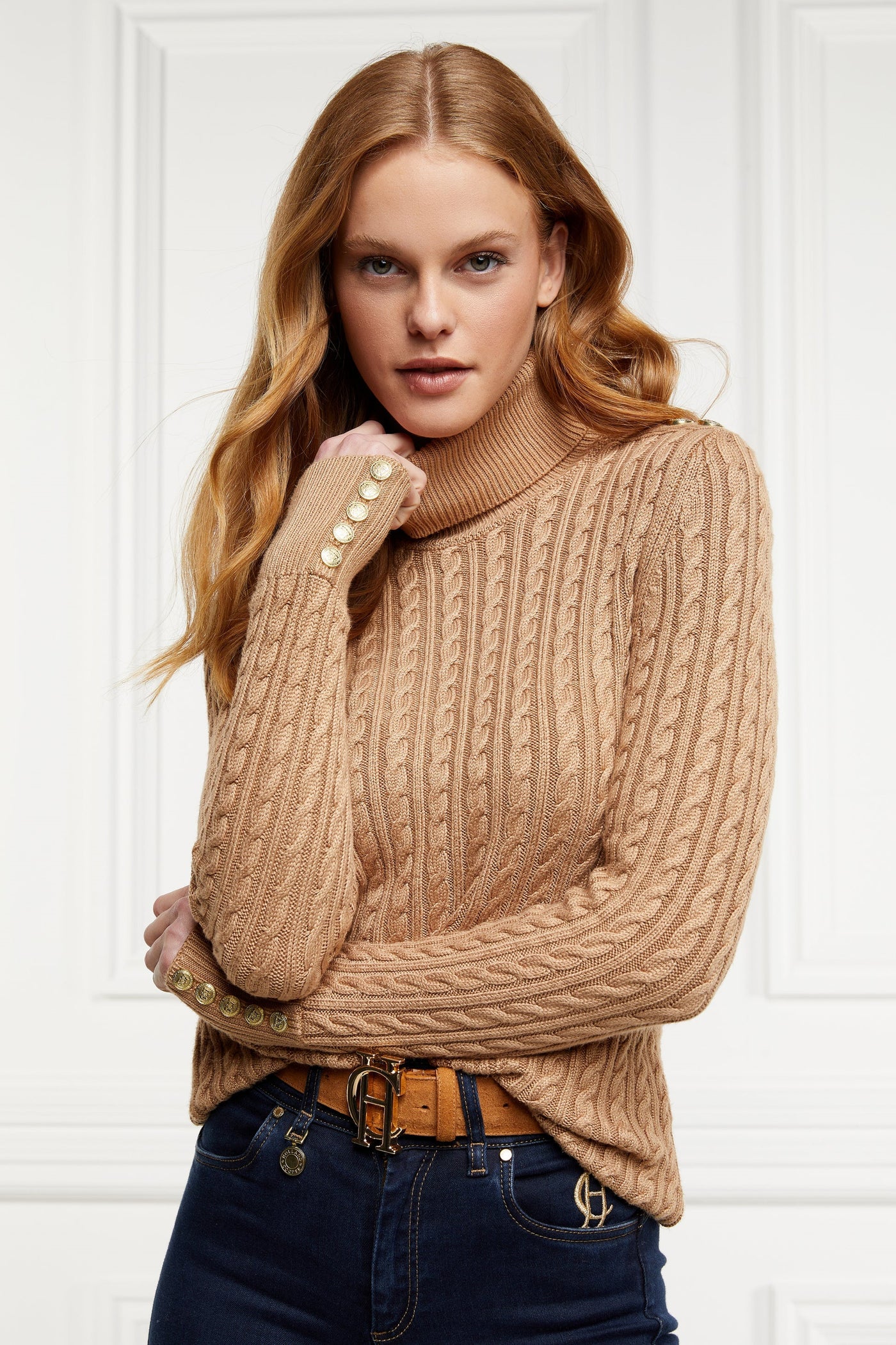 Holland Cooper Seattle Roll Neck Cable Knitwear in Dark Camel Marl