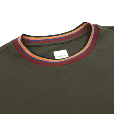 Paul Smith Stripe Rib T Shirt in Army Green Neck