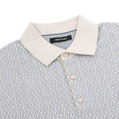 Remus Uomo Geometric Jacquard Knitted Polo Shirt in Stone Blue Placket