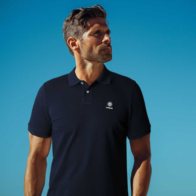 Sandbanks Badge Logo Polo Shirt in Navy Model