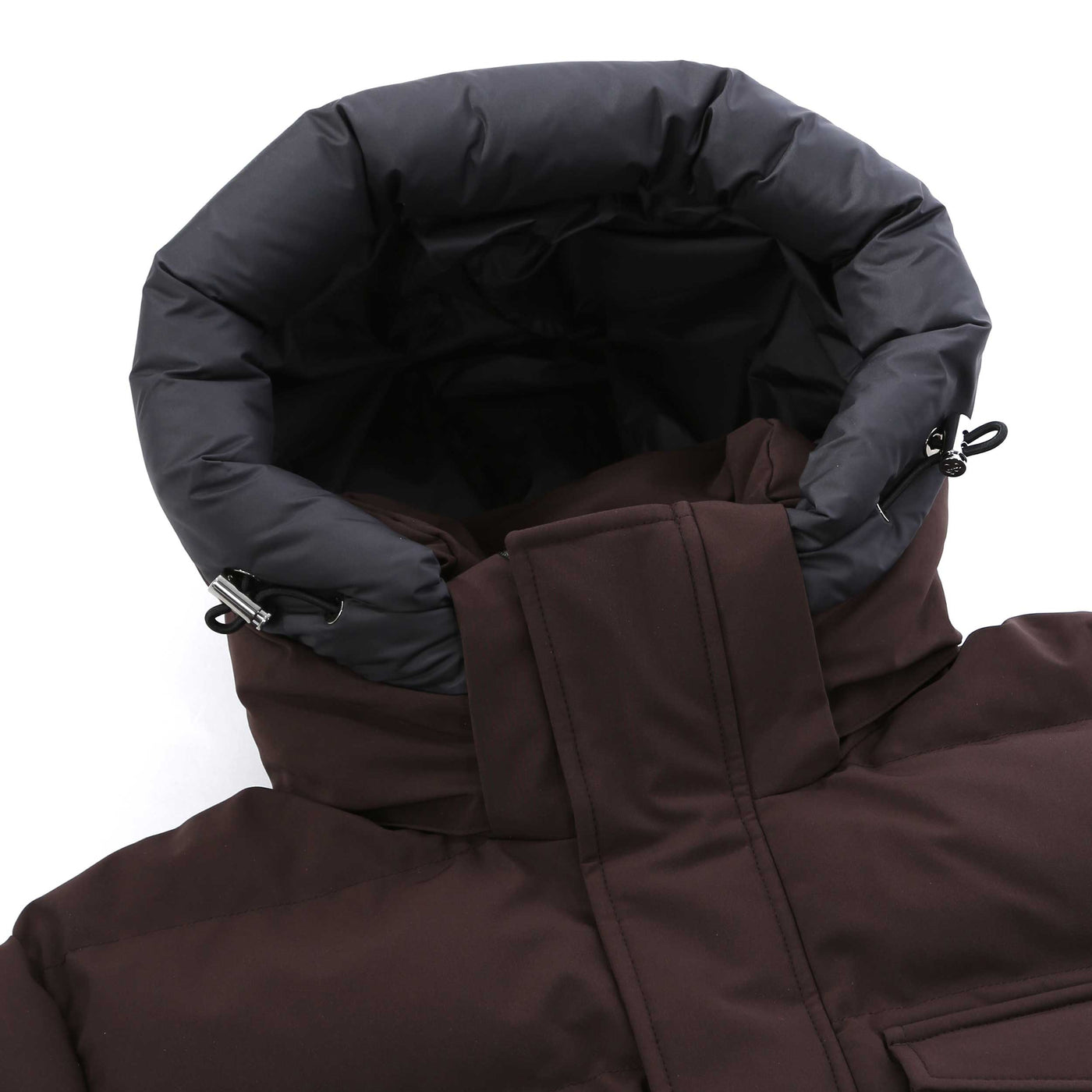 Sandbanks Branksome Long Puffer Jacket in Chocolate Hood
