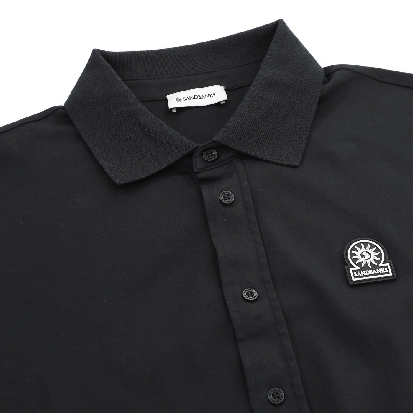 Sandbanks Interlock Full Button Polo Shirt in Black Collar