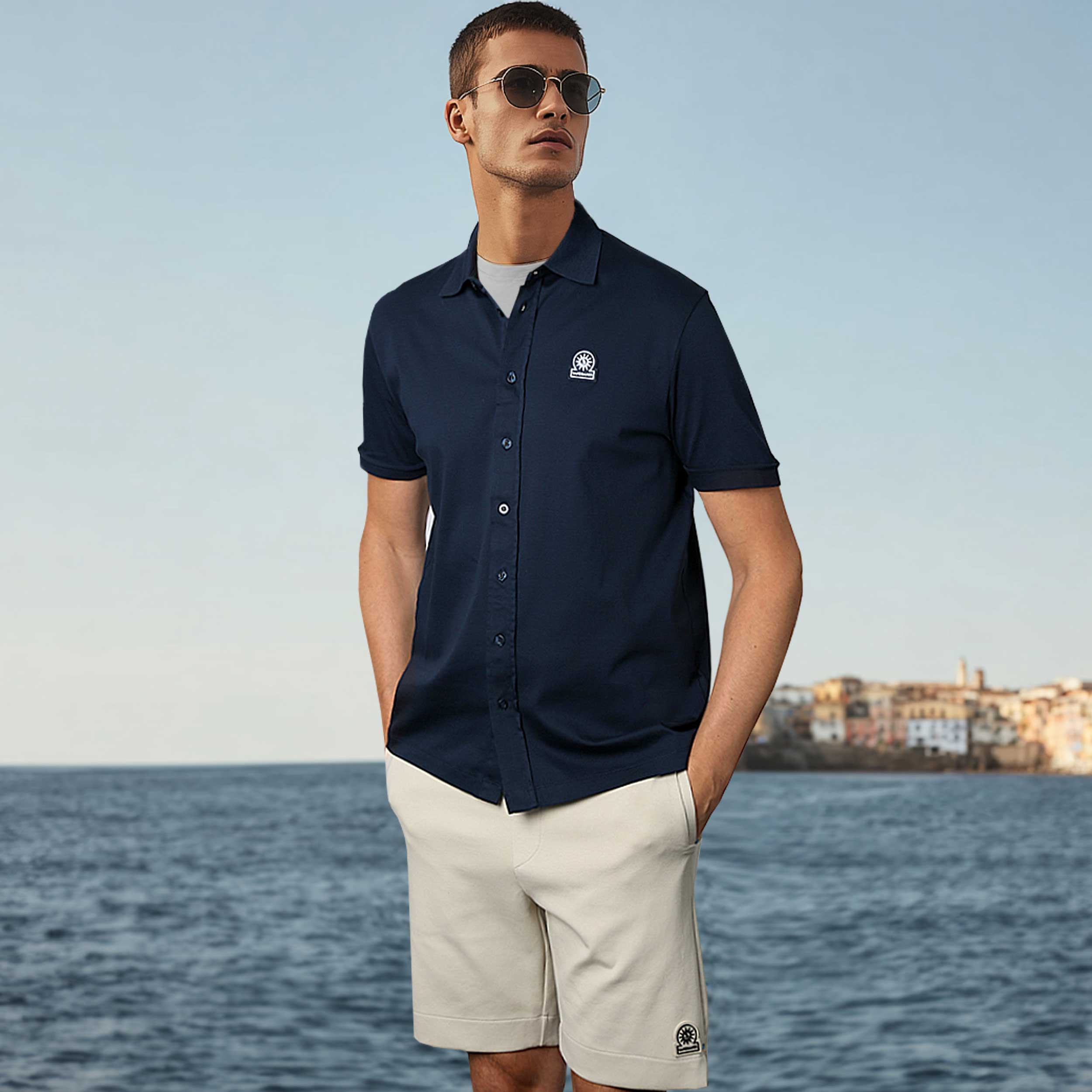 Sandbanks Interlock Full Button Polo Shirt in Navy