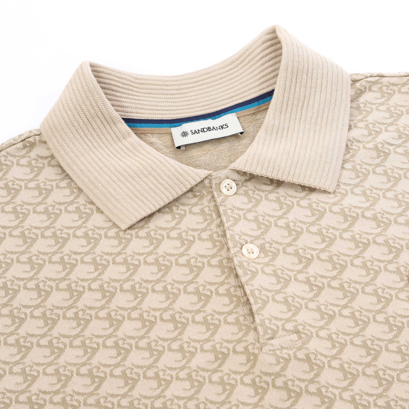 Sandbanks Jacquard Monogram Knitted Polo Shirt in Sand Placket