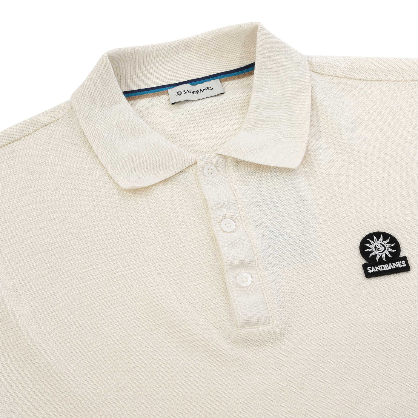 Sandbanks Striped Hem Pique Polo Shirt in Natural Stone Placket