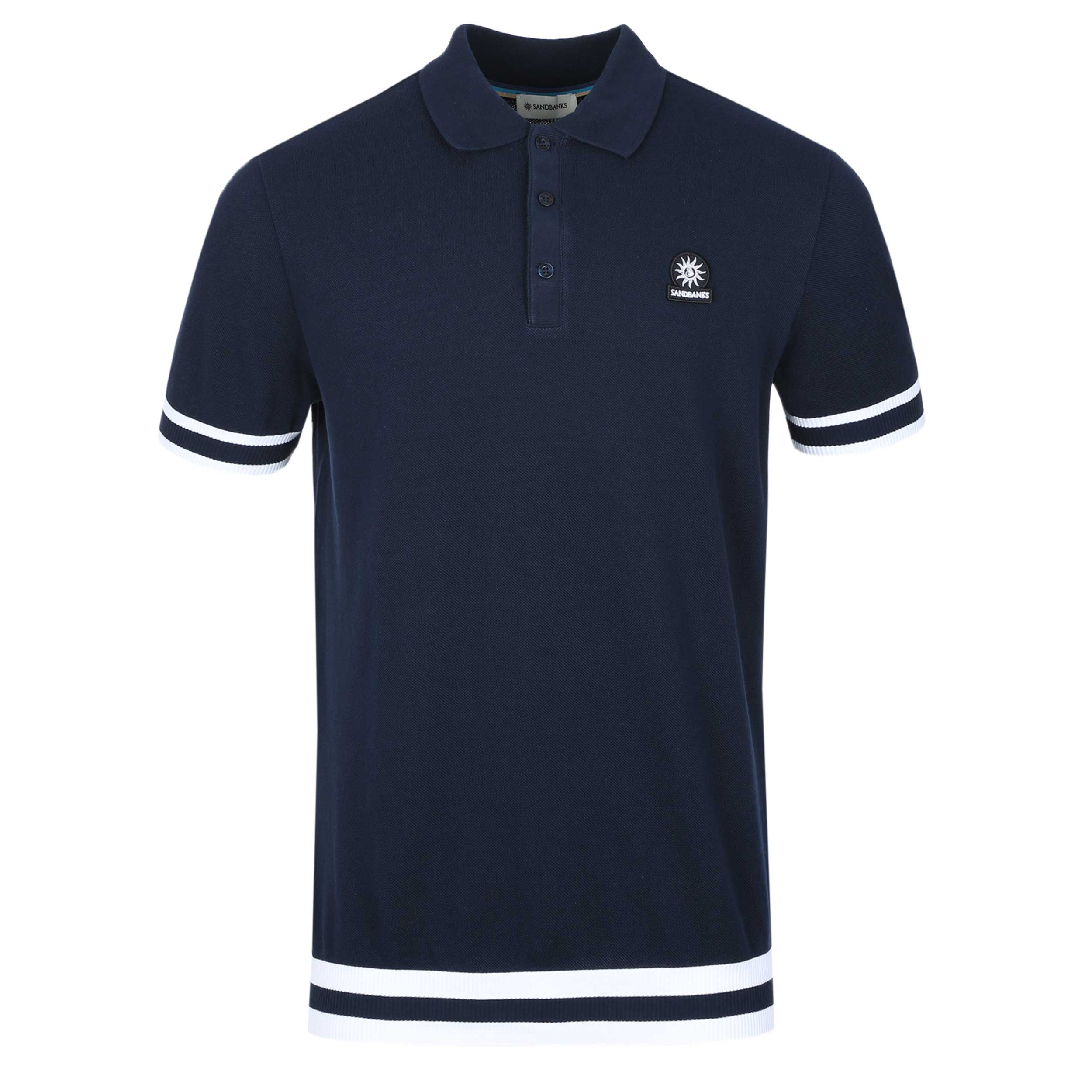 Sandbanks Striped Hem Pique Polo Shirt in Navy