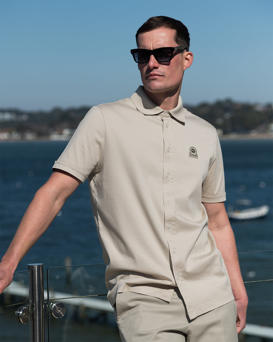 Sandbanks Interlock Full Button Polo Shirt in Stone