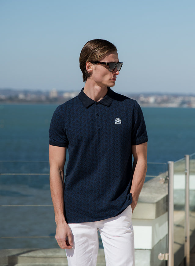 Sandbanks Jacquard Monogram Knitted Polo Shirt in Navy