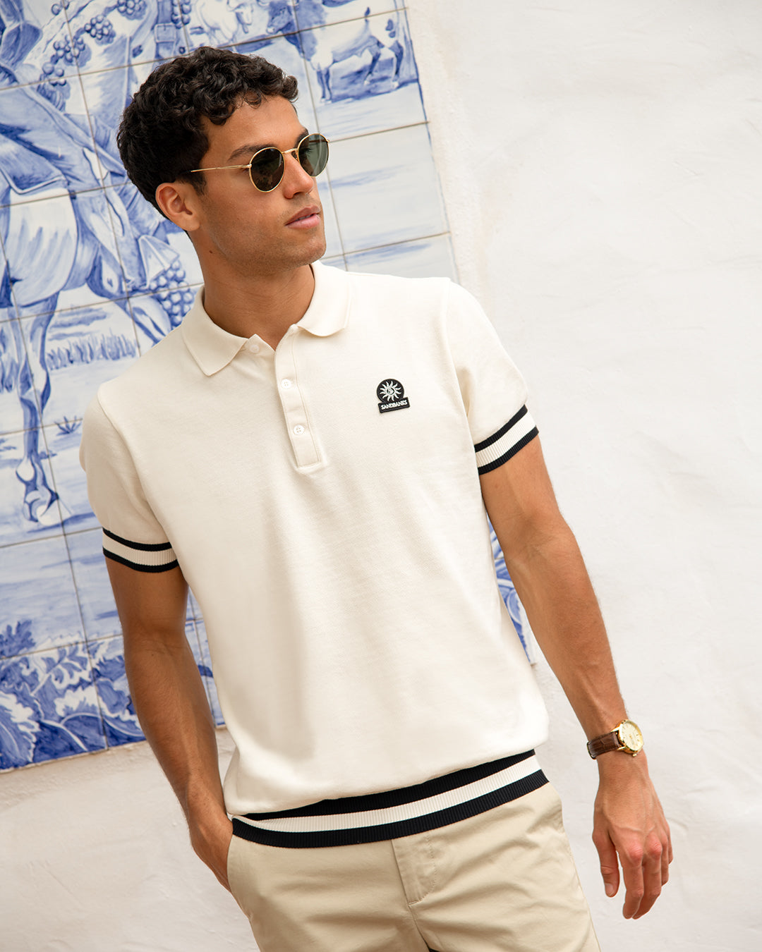 Sandbanks Striped Hem Pique Polo Shirt in Natural Stone
