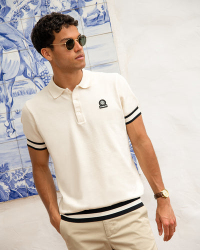 Sandbanks Striped Hem Pique Polo Shirt in Natural Stone