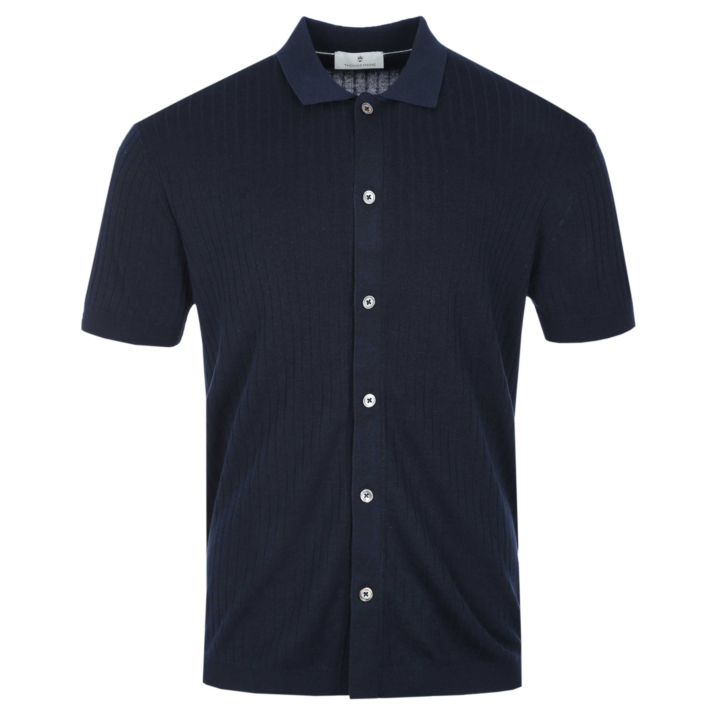 Thomas Maine Ribbed Button Thru Knitted Polo in Navy