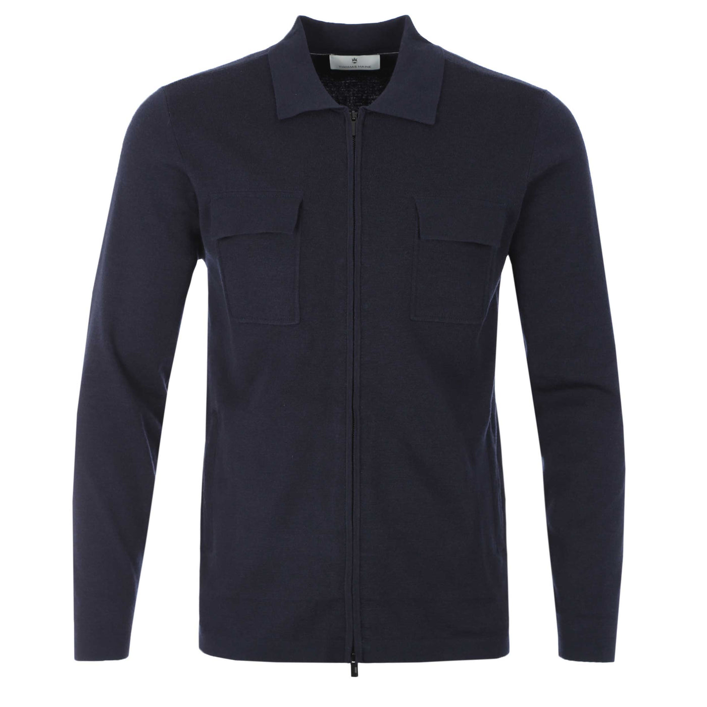 Thomas Maine Zip Thru Stretch Merino Cardigan in Navy