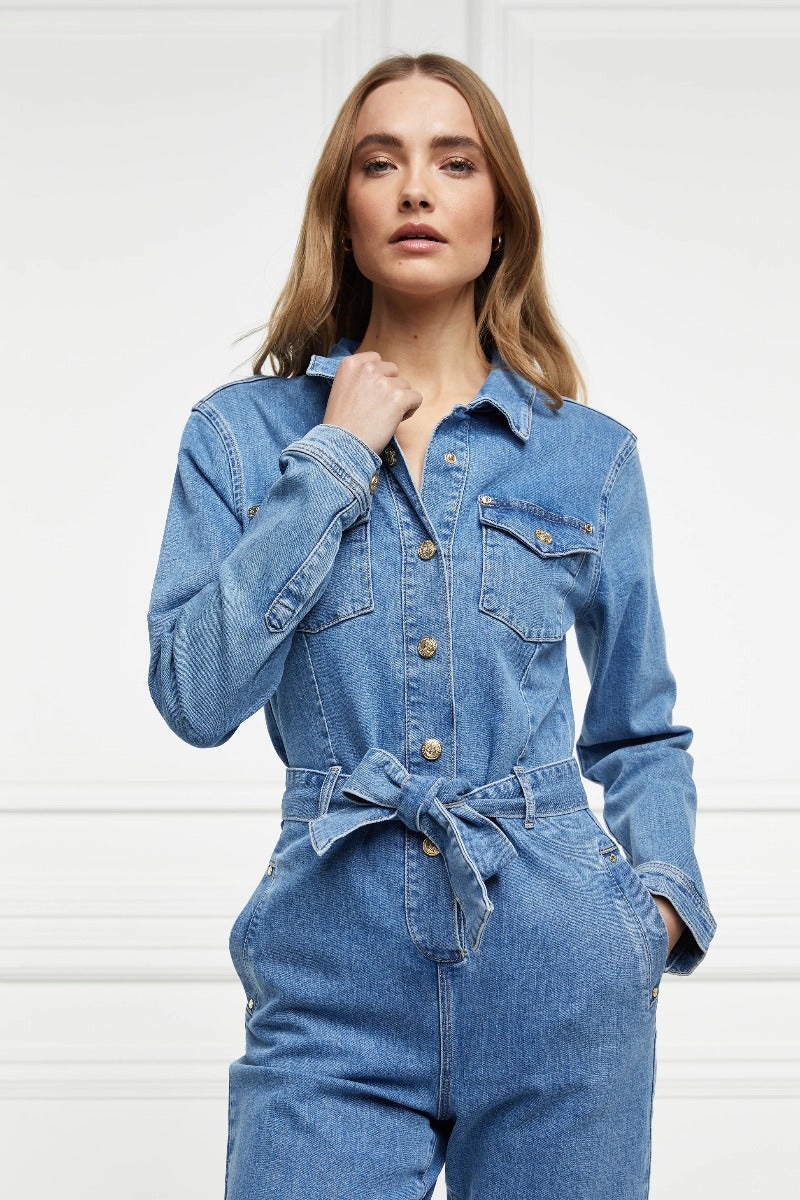 Holland Cooper Denim Jumpsuit in Vintage Indigo Model Front